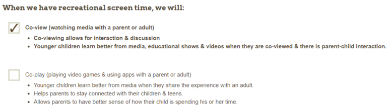 Academy of Pediatrics family media plan screenshot