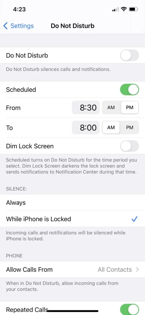 Do not disturb screenshot